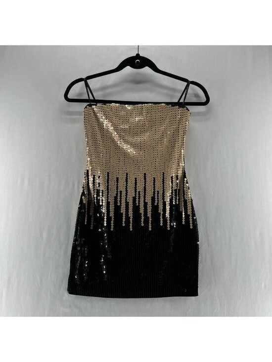 bebe Dresses & Skirts - Bebe Strapless Sequin Ombre Mini Dress Womens 2XS Liquid Drip Bodycon Black Gold